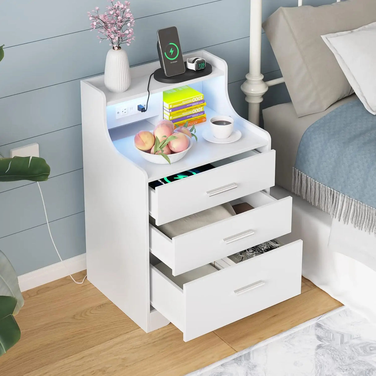 Nightstand with Charging Station & Led Lights White Bedside Table with Drawers & Open Storage Shelf Night Stand for Bedroom