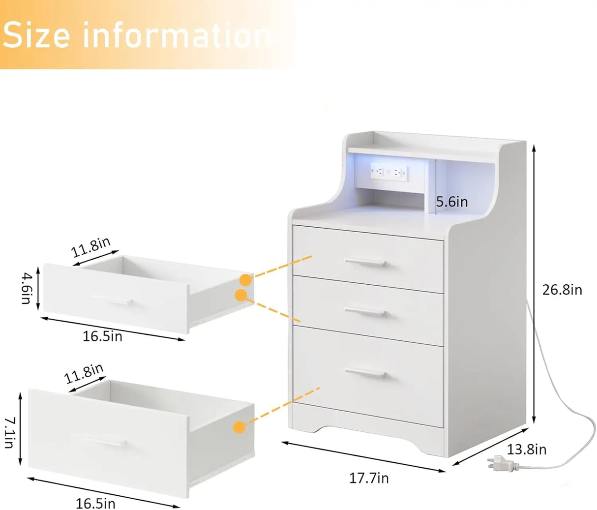 Nightstand with Charging Station & Led Lights White Bedside Table with Drawers & Open Storage Shelf Night Stand for Bedroom