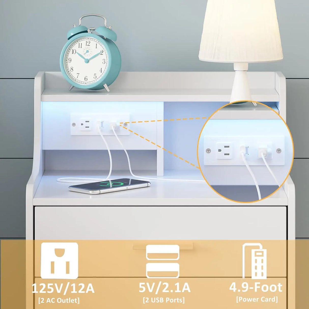 Nightstand with Charging Station & Led Lights White Bedside Table with Drawers & Open Storage Shelf Night Stand for Bedroom