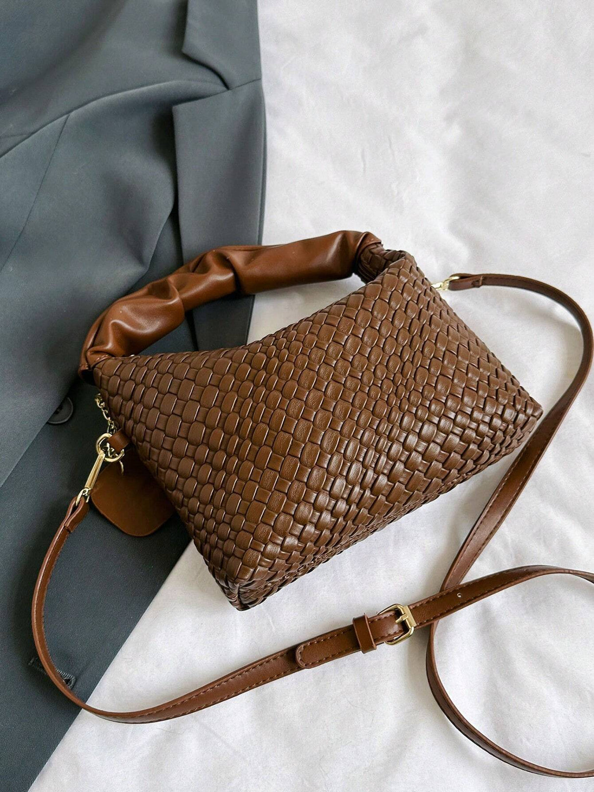 New Style Fashionable Simple All-Match Trendy Pleated Weaving Pu Color Block Handbag Shoulder Bag Crossbody Bag