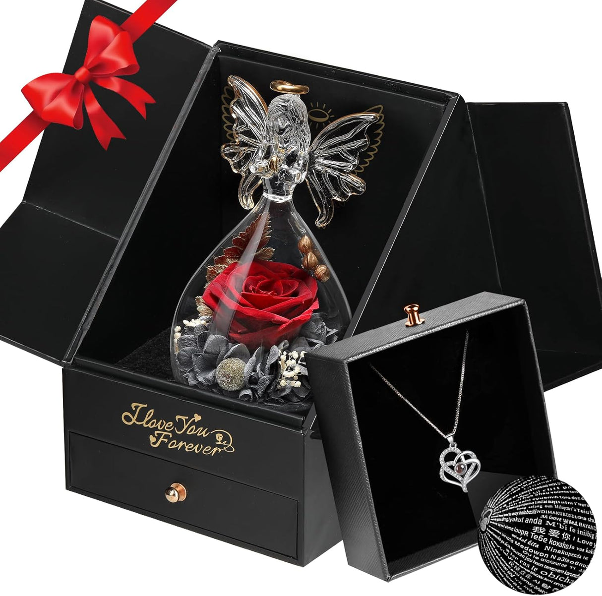 Valentines Day Gifts for Her-Preserved Flower Real Rose with I Love You Necklace 100 Languages-Glass Angel Valentines Decor-Birthday Gifts for Women-Romantic Gifts for Wife Girlfriend Mom Daughter