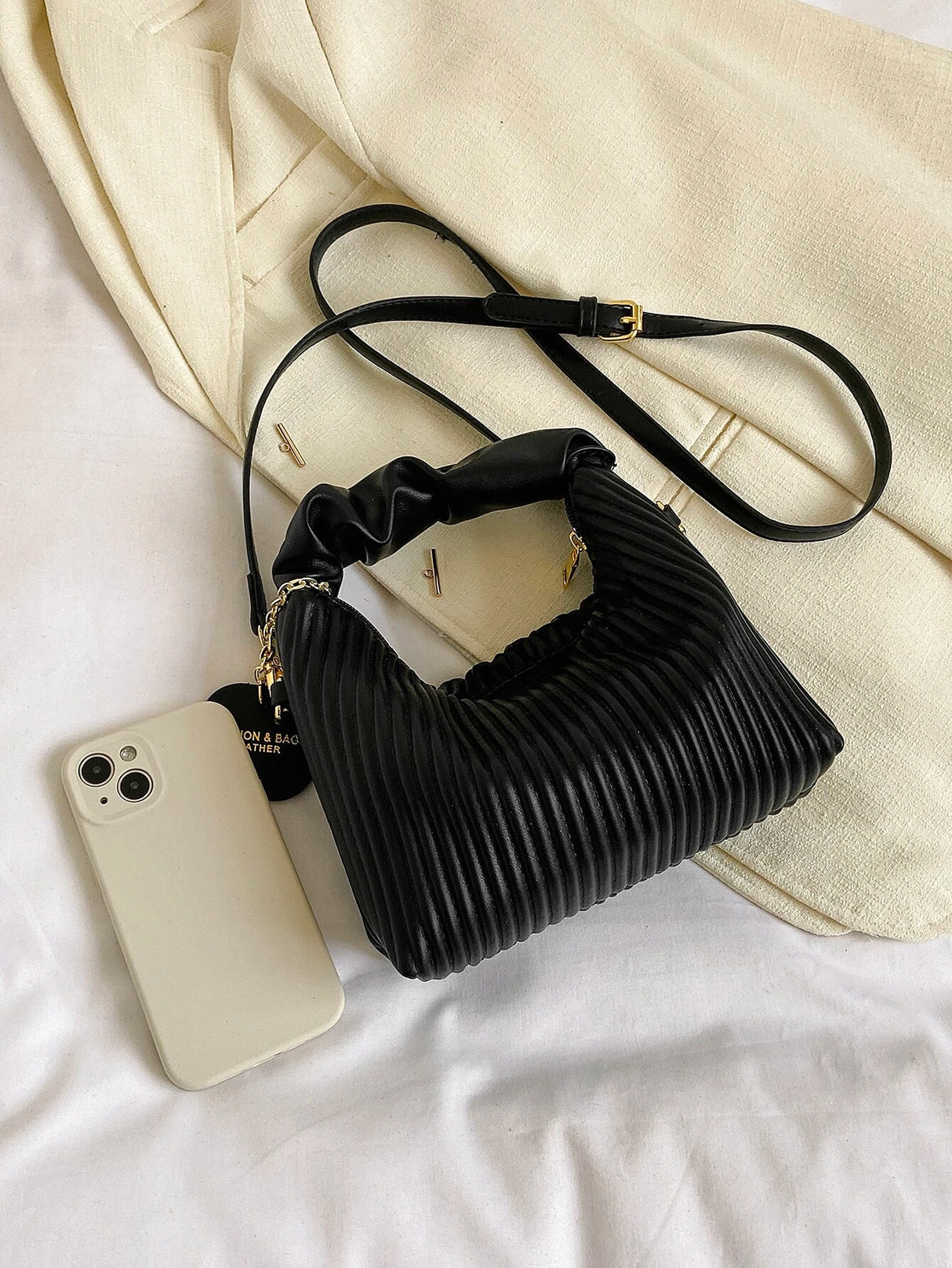 New Style Fashionable Simple All-Match Trendy Pleated Weaving Pu Color Block Handbag Shoulder Bag Crossbody Bag