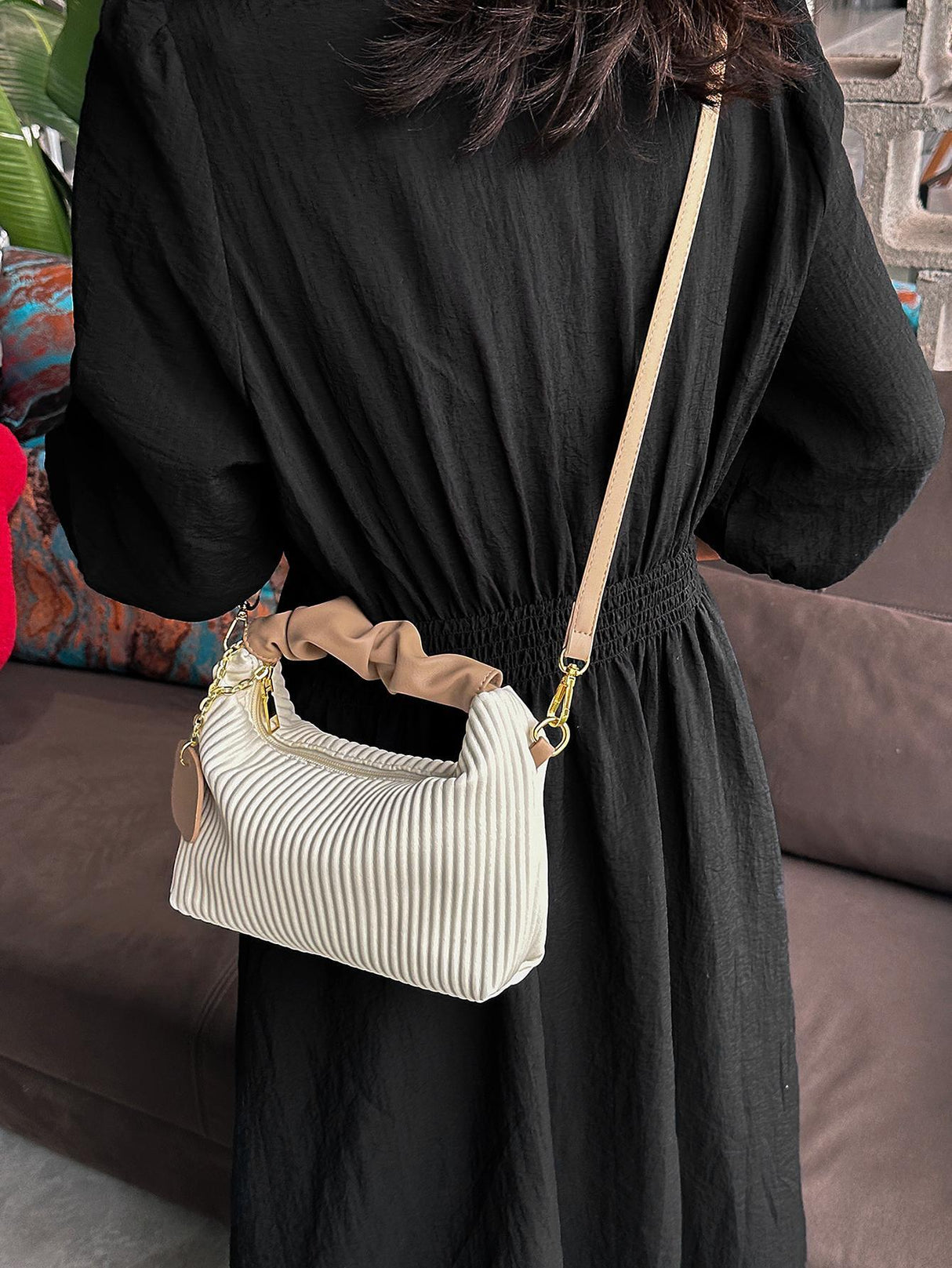 New Style Fashionable Simple All-Match Trendy Pleated Weaving Pu Color Block Handbag Shoulder Bag Crossbody Bag