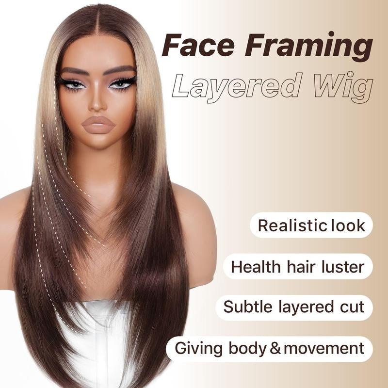 Brownbomb Wear and Go Layered Straight Synthetic Wig Glueless Pre Cut Lace Pre Plucked 26 Inch and Face Framing Bangs T Lace Perfect Middle Part Heat Resistant Fiber Realistic Wig for Daily Wear Parties Dating