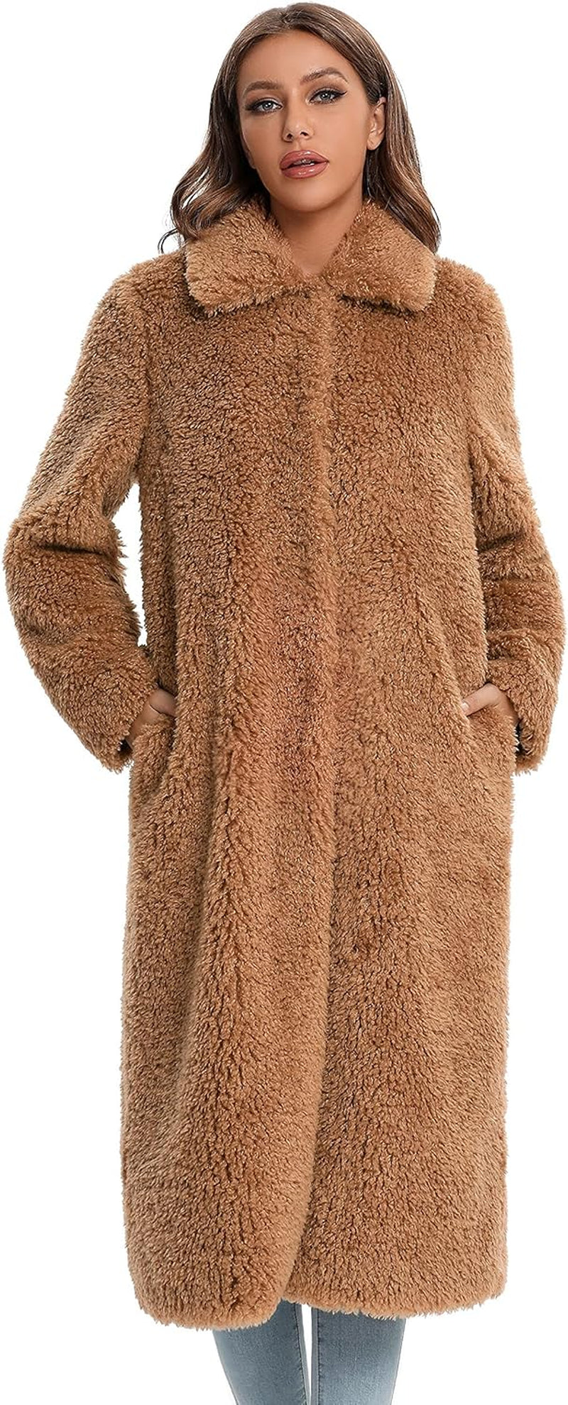 Women's Faux Fur Winter Coat - Open Front Long Cardigan Style, Warm and Fuzzy Fleece Jacket with Pockets. Perfect for Cold Weather, Stylish and Cozy Overcoat for Casual or Dressy Looks. Available in Sizes S-XXL for a Comfortable, Fashionable Fit