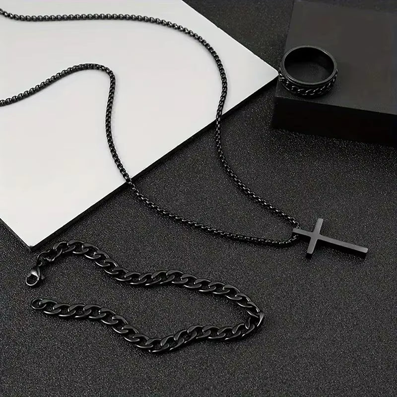 Black Titanium Steel Cross Pendant Necklace for Men Women Minimalist Male Female Chokers Box Chain Necklace Party Jewelry Set