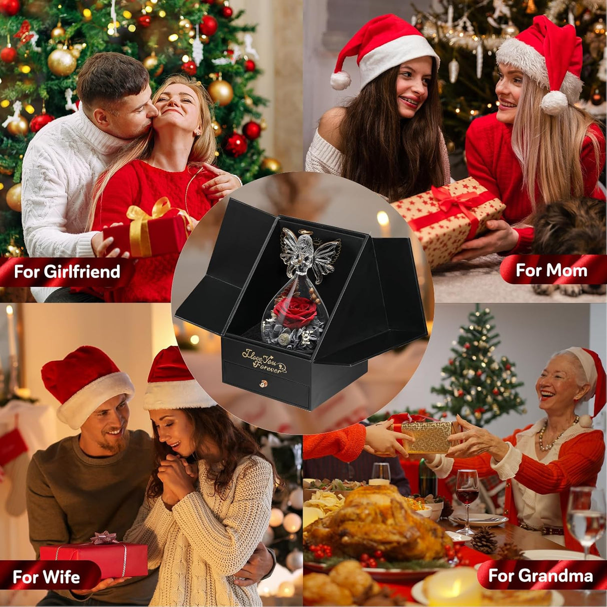 Valentines Day Gifts for Her-Preserved Flower Real Rose with I Love You Necklace 100 Languages-Glass Angel Valentines Decor-Birthday Gifts for Women-Romantic Gifts for Wife Girlfriend Mom Daughter