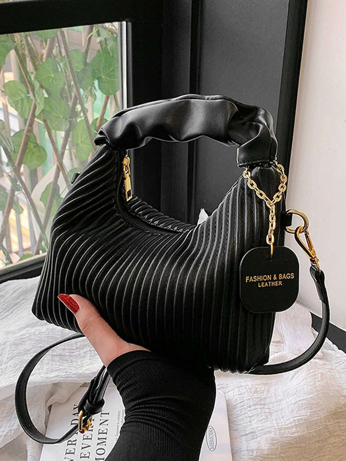 New Style Fashionable Simple All-Match Trendy Pleated Weaving Pu Color Block Handbag Shoulder Bag Crossbody Bag