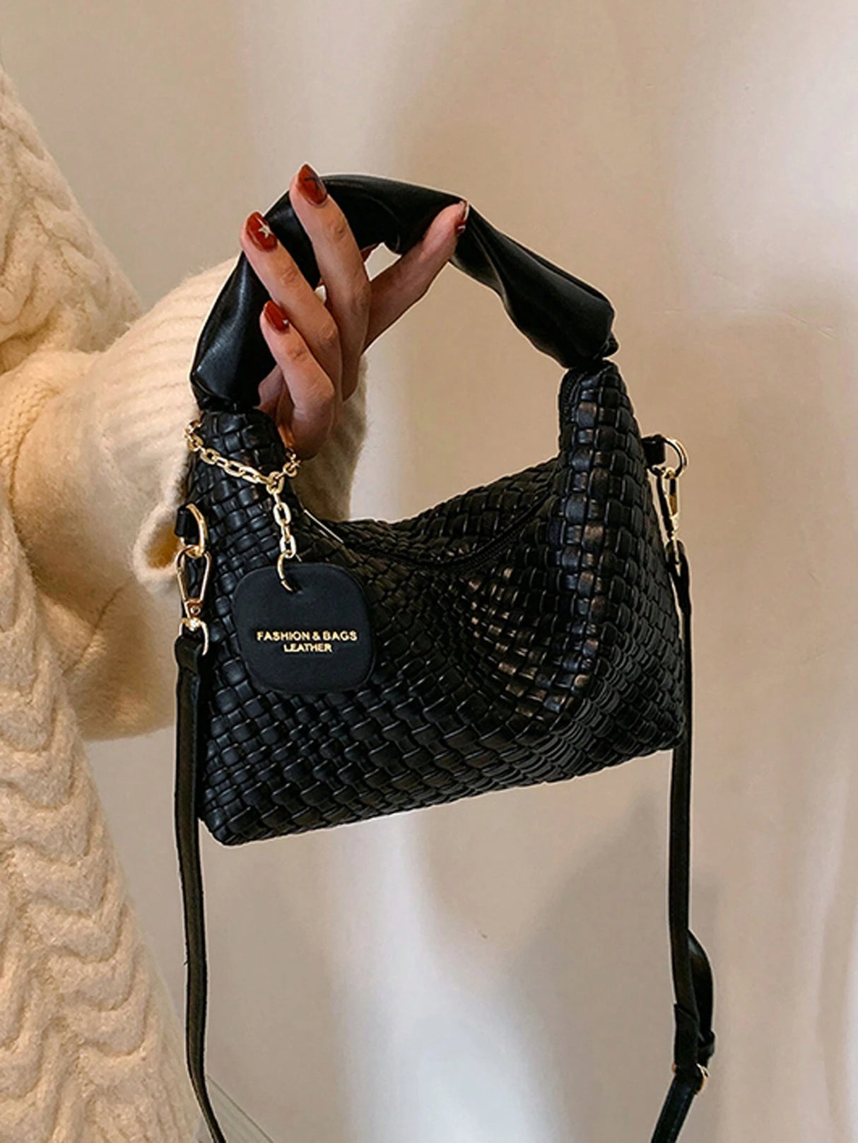 New Style Fashionable Simple All-Match Trendy Pleated Weaving Pu Color Block Handbag Shoulder Bag Crossbody Bag