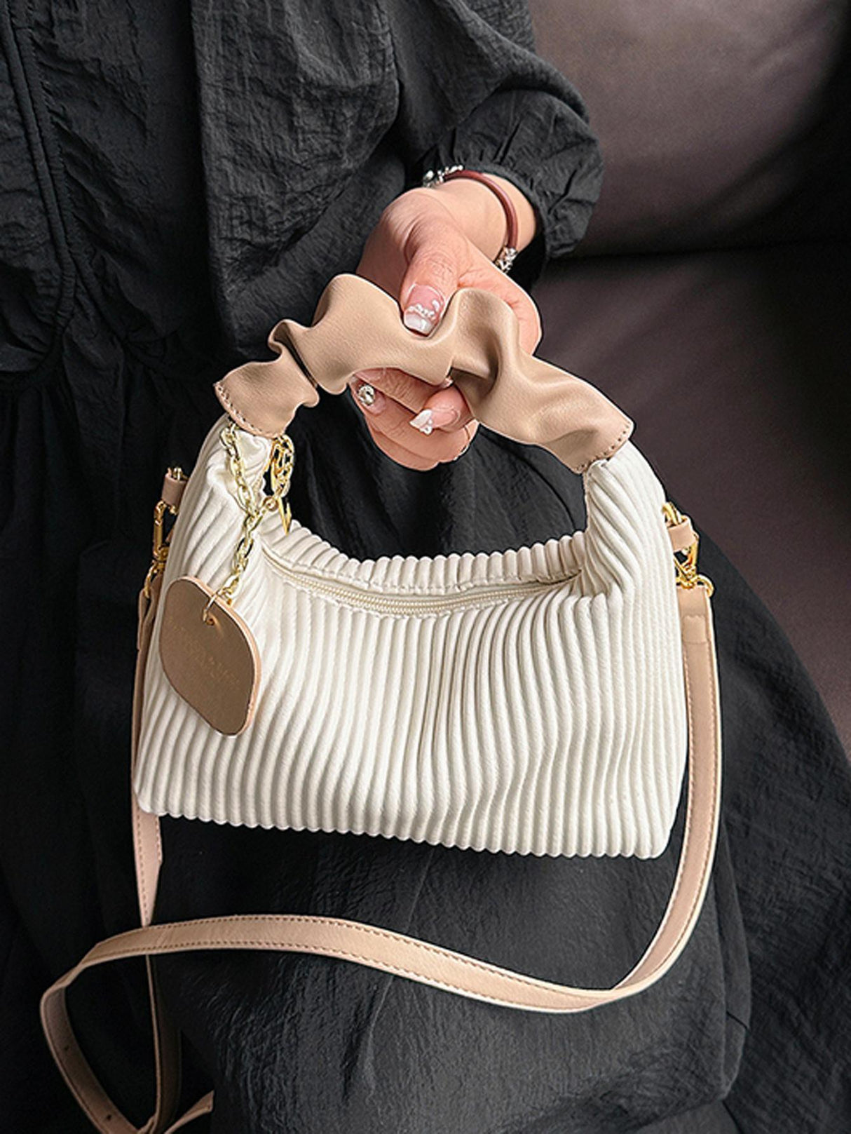 New Style Fashionable Simple All-Match Trendy Pleated Weaving Pu Color Block Handbag Shoulder Bag Crossbody Bag