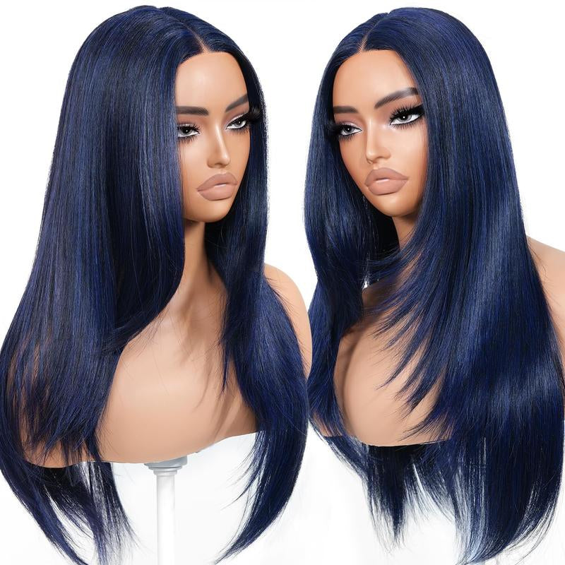 Brownbomb Wear and Go Layered Straight Synthetic Wig Glueless Pre Cut Lace Pre Plucked 26 Inch and Face Framing Bangs T Lace Perfect Middle Part Heat Resistant Fiber Realistic Wig for Daily Wear Parties Dating