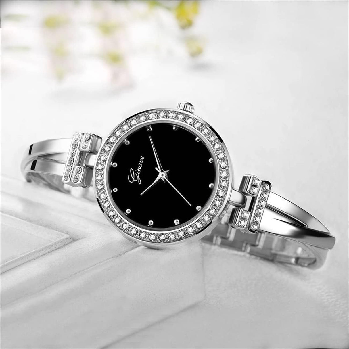Women Crystal Watch with 3 Bracelets Set Quartz Wrist Watches Bangle Jewelry 4Pcs/Set for Ladies