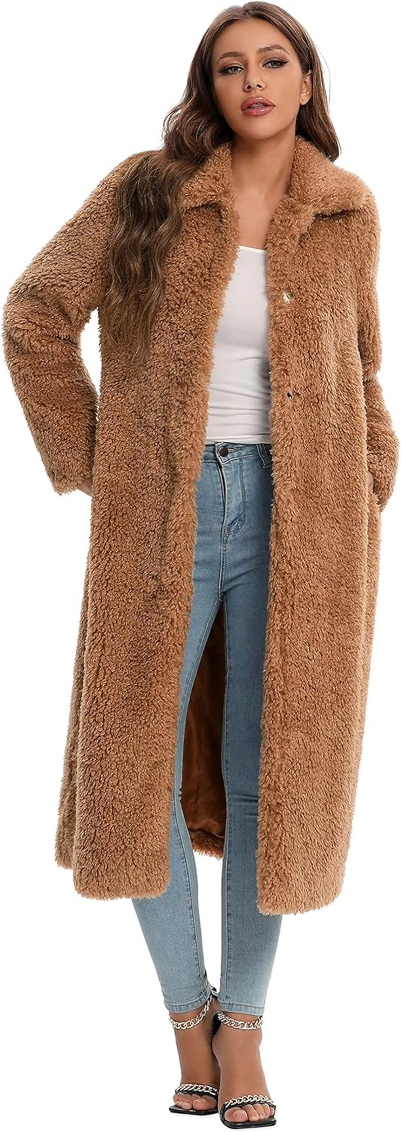 Women's Faux Fur Winter Coat - Open Front Long Cardigan Style, Warm and Fuzzy Fleece Jacket with Pockets. Perfect for Cold Weather, Stylish and Cozy Overcoat for Casual or Dressy Looks. Available in Sizes S-XXL for a Comfortable, Fashionable Fit