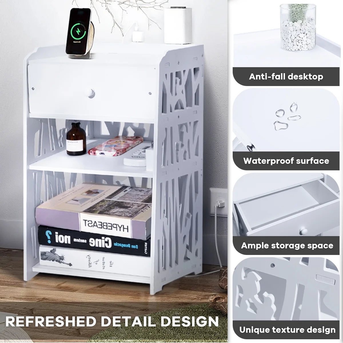 Modern White Nightstand with Drawer, 11.8”L X 11.8”W X 20”H, Multipurpose Storage