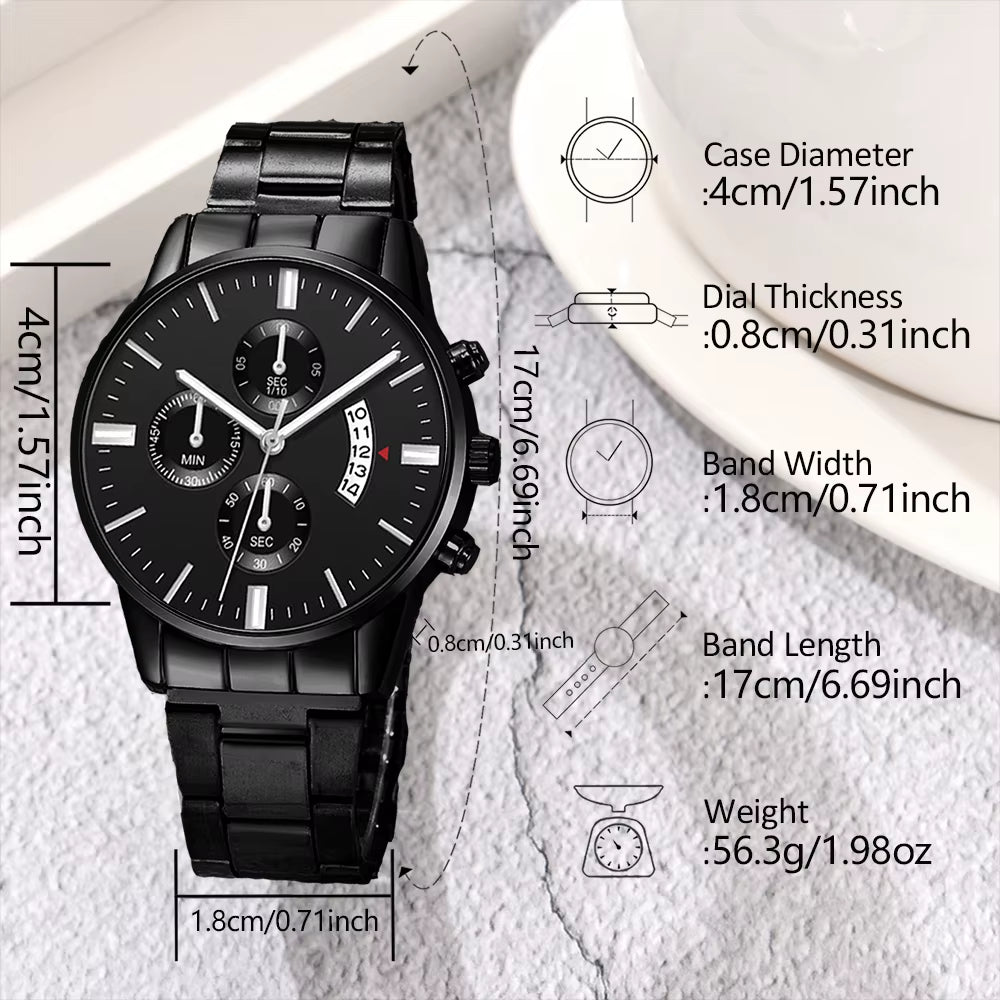 3 Pcs/Set of Fashionable Men Sports Watches Men'S Business Quartz Watches Luxurious Black Leather Bracelets Men'S Casual Watches