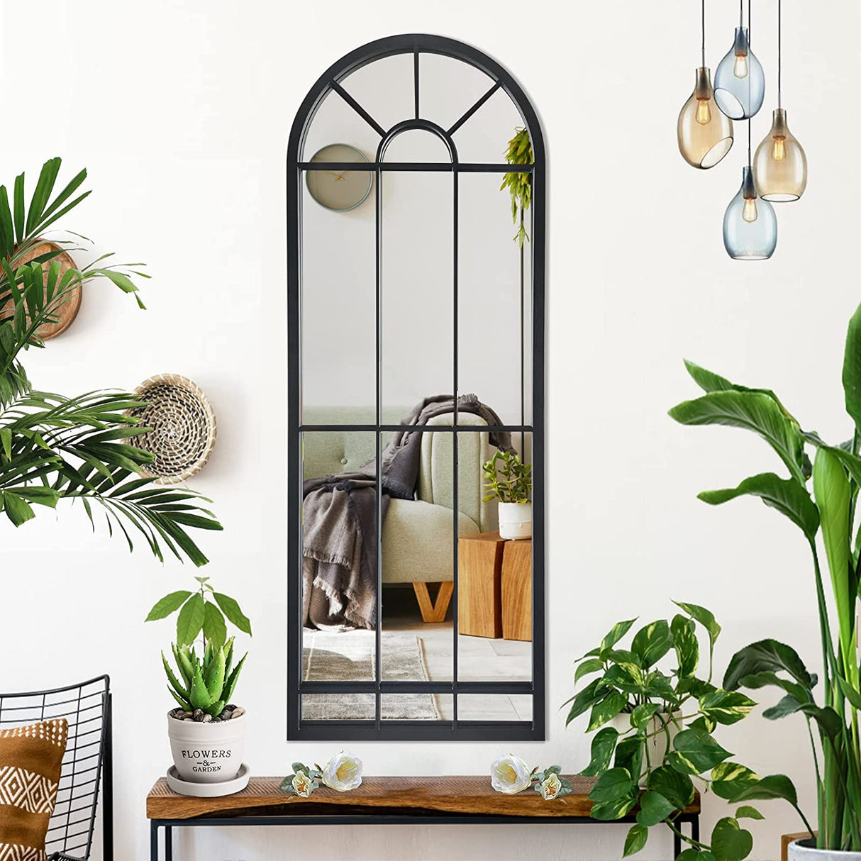 Wall Mirror Window Decorative Mirrors Arched Farmhouse for Living Room Bedroom Entryway Bathroom Vanity (Black,41.3”X 24” X1”)