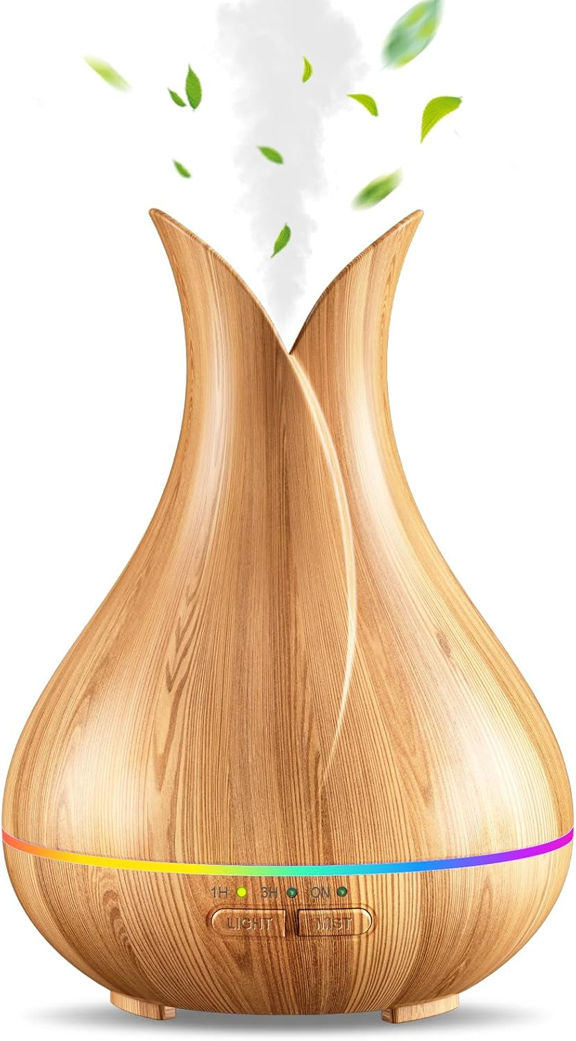 Essential Oil Diffusers, Cute Small Aromatherapy Diffuser with 3 Timers& 7 Ambient Light, Ultra-Quiet Oil Diffuser for Room Home Office(150Ml), Wood