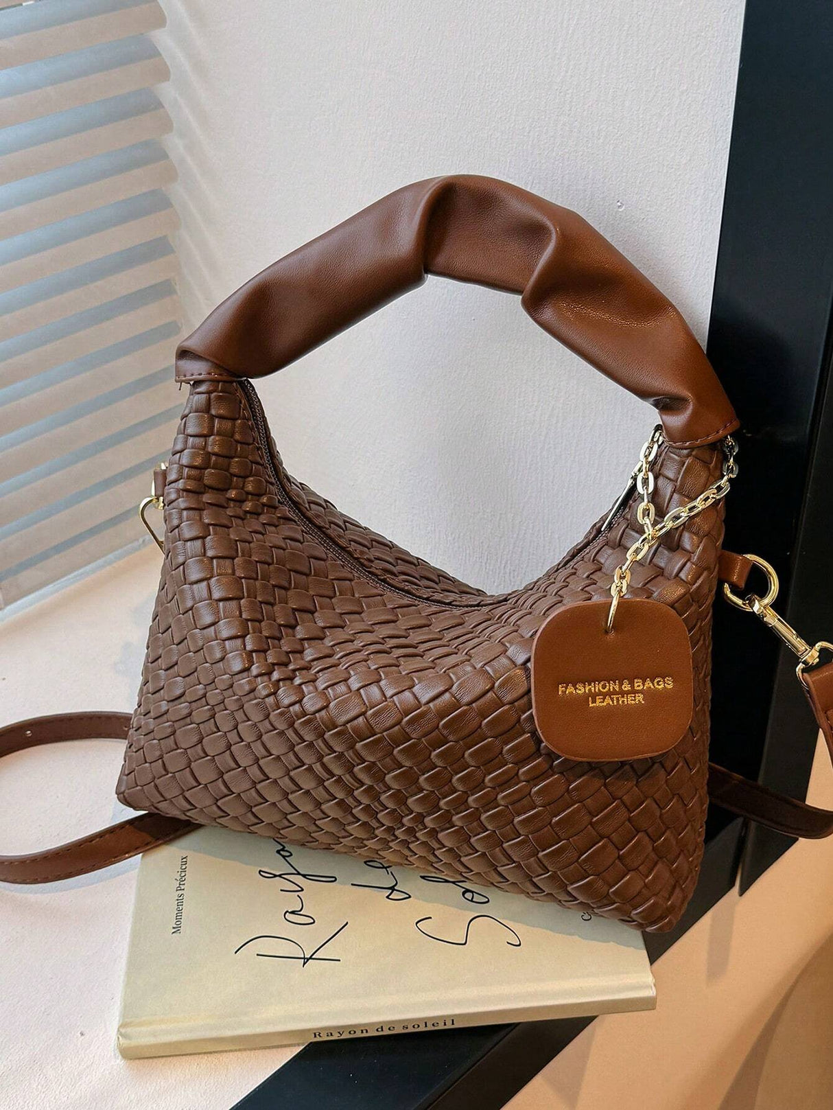 New Style Fashionable Simple All-Match Trendy Pleated Weaving Pu Color Block Handbag Shoulder Bag Crossbody Bag