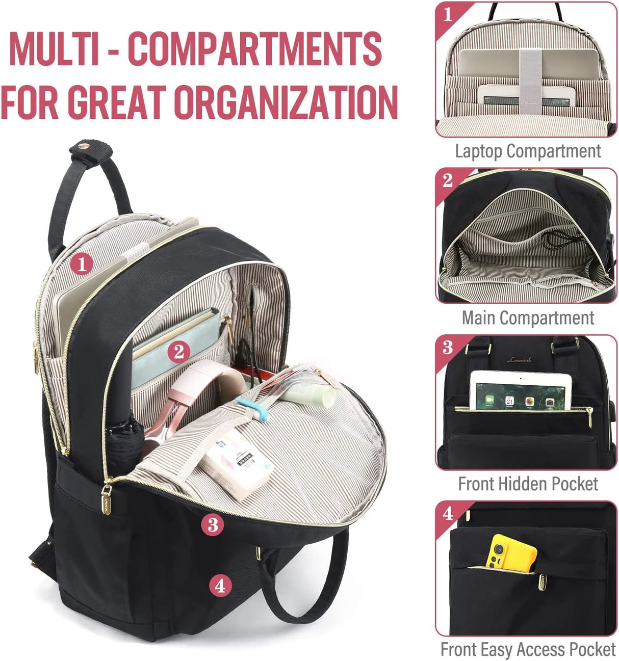 Laptop Backpack,Women Travel Work Bag Bookbag Fit 15.6" Laptop,Waterproof Vintage Teacher Nurse Daypack-Black