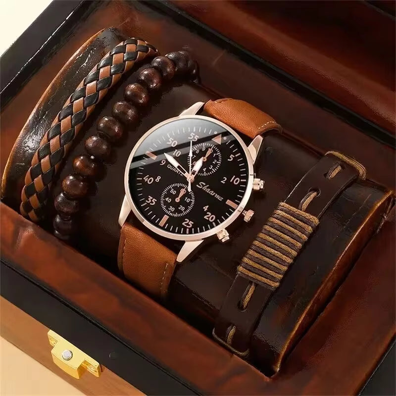 5PCS Set Fashion Men's Sports Watches Man Business Quartz Wristwatch Luxury Leather Bracelet Men Casual Clock Watch
