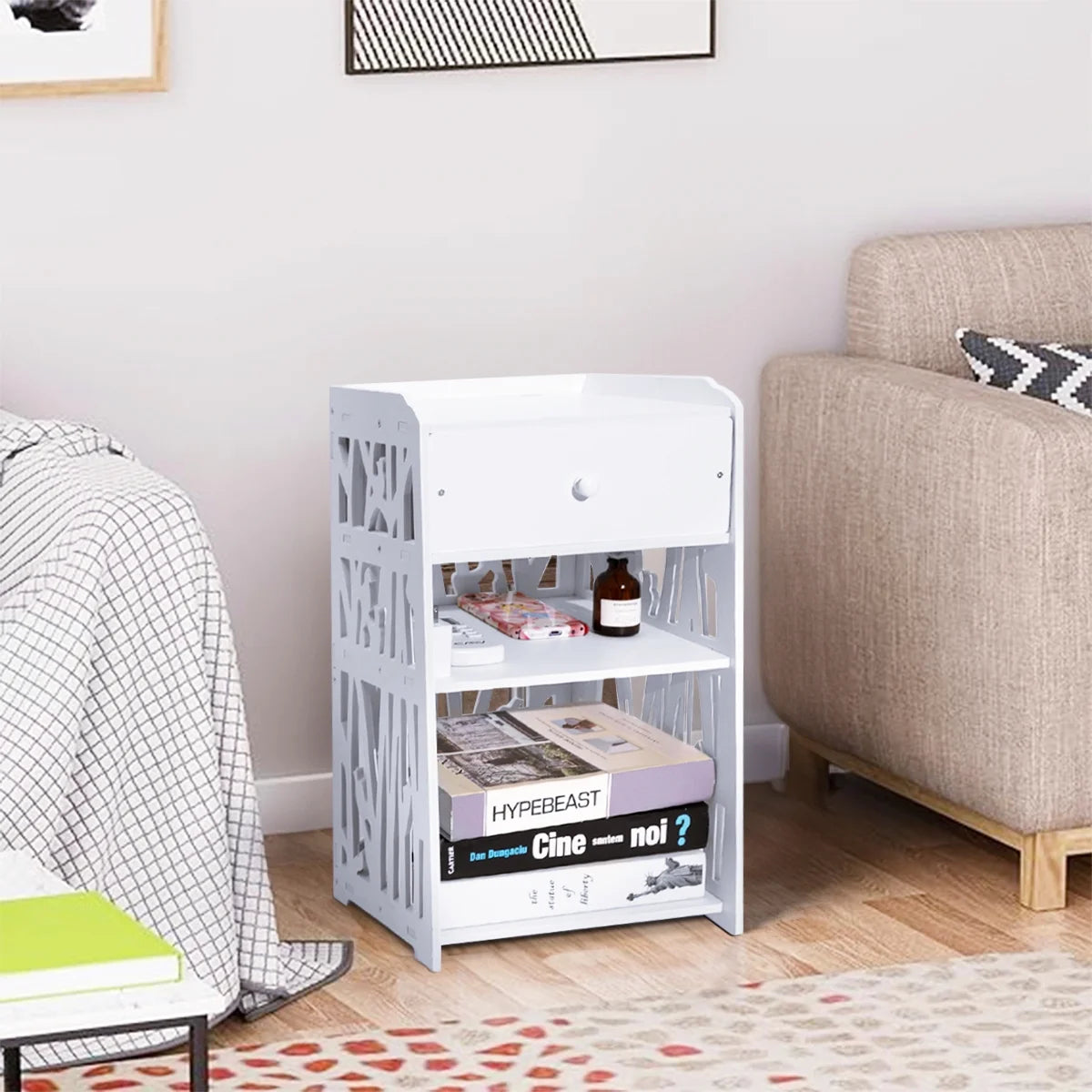 Modern White Nightstand with Drawer, 11.8”L X 11.8”W X 20”H, Multipurpose Storage