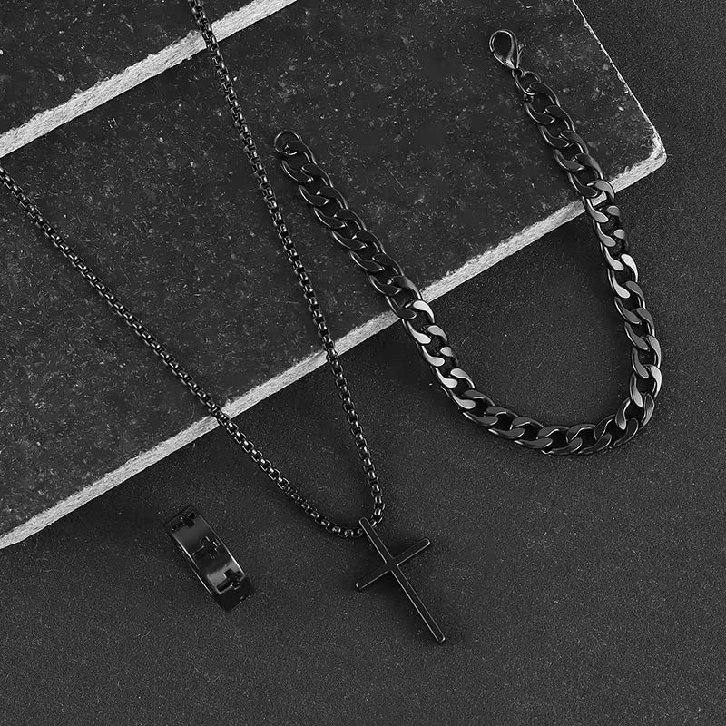 Black Titanium Steel Cross Pendant Necklace for Men Women Minimalist Male Female Chokers Box Chain Necklace Party Jewelry Set