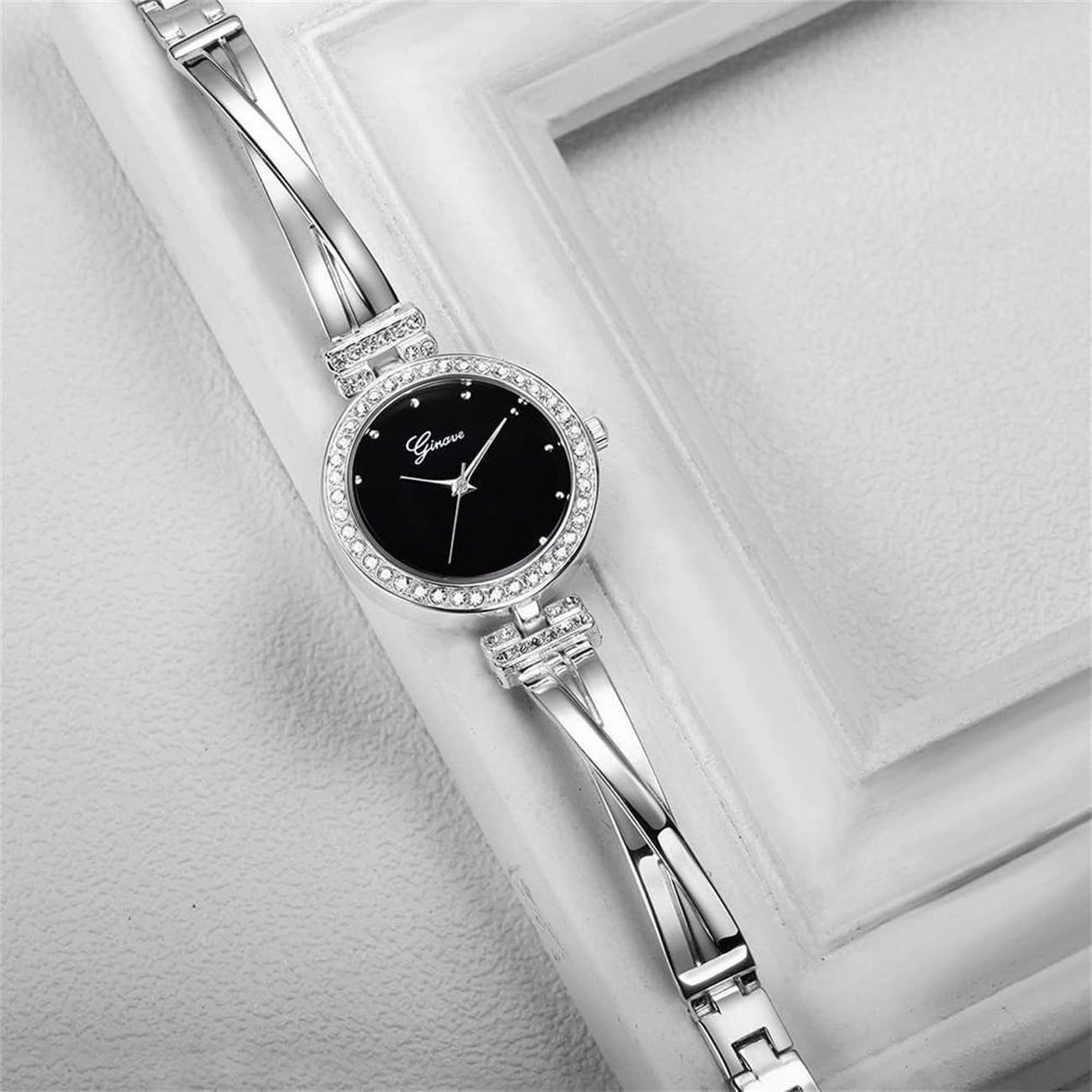 Women Crystal Watch with 3 Bracelets Set Quartz Wrist Watches Bangle Jewelry 4Pcs/Set for Ladies