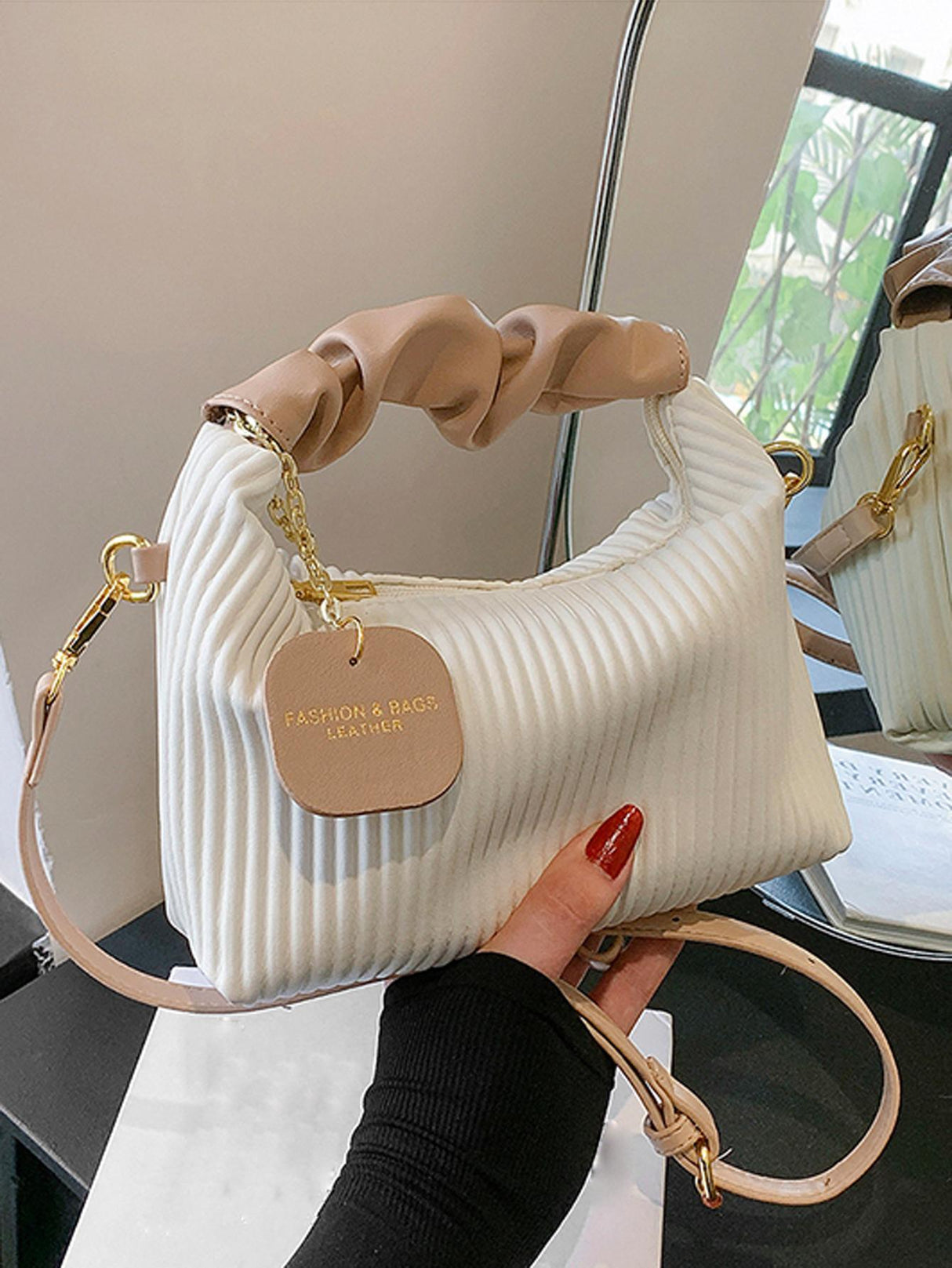 New Style Fashionable Simple All-Match Trendy Pleated Weaving Pu Color Block Handbag Shoulder Bag Crossbody Bag