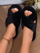 Women'S White Open Toe Cross Strap Fuzzy Slipper, Indoor Anti-Slip House Shoes, Fashionable