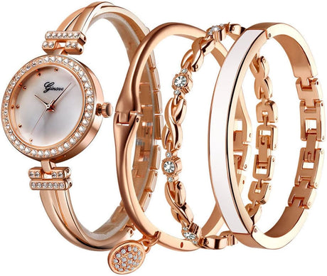 Women Crystal Watch with 3 Bracelets Set Quartz Wrist Watches Bangle Jewelry 4Pcs/Set for Ladies