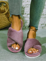 Women'S White Open Toe Cross Strap Fuzzy Slipper, Indoor Anti-Slip House Shoes, Fashionable