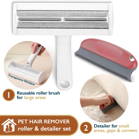Pet Hair Remover - Pet Hair Roller & Detailer Set, Reusable Lint Roller for Pet Hair, Dog/Cat Hair Pet Fur Remover for Furniture, Couch,Carpet,Clothes & Bed,Portable Pet Hair Removal Tool
