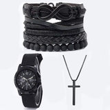 6Pcs_Set Fashionable Pu Leather '8' Shape Beaded Bracelet with Mechanical Watch, Cross Pendant Necklace for Men, Black-Colored