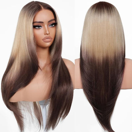 Brownbomb Wear and Go Layered Straight Synthetic Wig Glueless Pre Cut Lace Pre Plucked 26 Inch and Face Framing Bangs T Lace Perfect Middle Part Heat Resistant Fiber Realistic Wig for Daily Wear Parties Dating