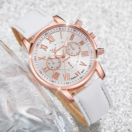 5Pcs/Set Women'S Watch Fashion Roma Dial Leather Band Quartz Watches Pearls Jewelry Set(Without Box)