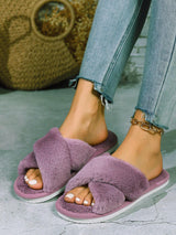 Women'S White Open Toe Cross Strap Fuzzy Slipper, Indoor Anti-Slip House Shoes, Fashionable