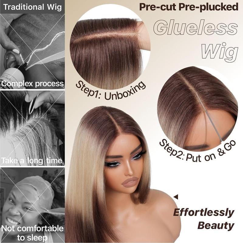 Brownbomb Wear and Go Layered Straight Synthetic Wig Glueless Pre Cut Lace Pre Plucked 26 Inch and Face Framing Bangs T Lace Perfect Middle Part Heat Resistant Fiber Realistic Wig for Daily Wear Parties Dating