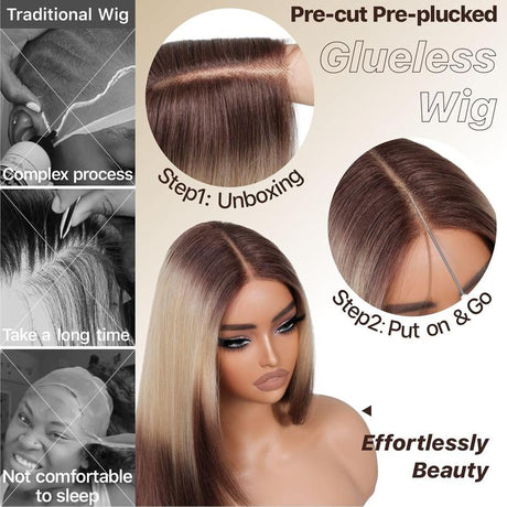 Brownbomb Wear and Go Layered Straight Synthetic Wig Glueless Pre Cut Lace Pre Plucked 26 Inch and Face Framing Bangs T Lace Perfect Middle Part Heat Resistant Fiber Realistic Wig for Daily Wear Parties Dating