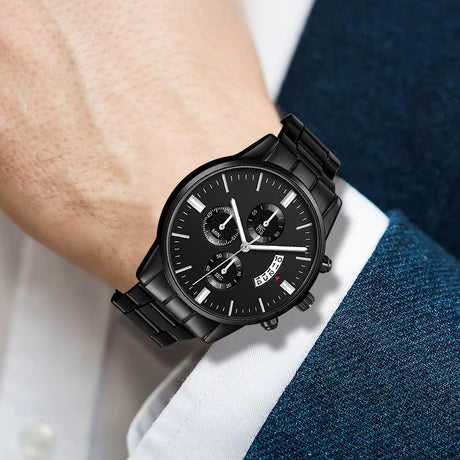3 Pcs/Set of Fashionable Men Sports Watches Men'S Business Quartz Watches Luxurious Black Leather Bracelets Men'S Casual Watches