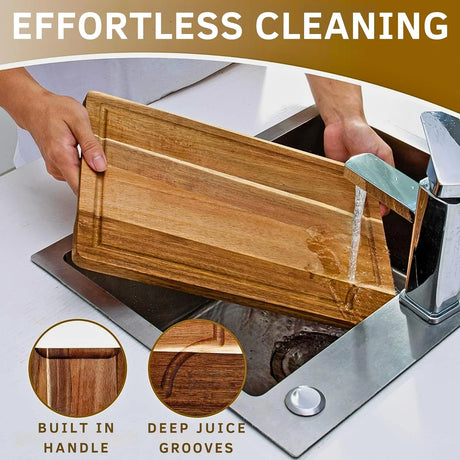 Acacia Wood Cutting Board Set of 3 – Non-Toxic, Non-Slip with Holder, Juice Grooves & Handles  Ideal for Meat, Veggies & Charcuterie