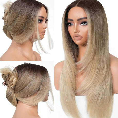 Brownbomb Wear and Go Layered Straight Synthetic Wig Glueless Pre Cut Lace Pre Plucked 26 Inch and Face Framing Bangs T Lace Perfect Middle Part Heat Resistant Fiber Realistic Wig for Daily Wear Parties Dating