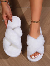 Women'S White Open Toe Cross Strap Fuzzy Slipper, Indoor Anti-Slip House Shoes, Fashionable