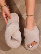 Women'S White Open Toe Cross Strap Fuzzy Slipper, Indoor Anti-Slip House Shoes, Fashionable