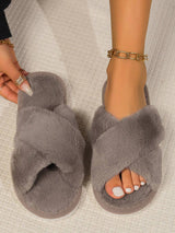 Women'S White Open Toe Cross Strap Fuzzy Slipper, Indoor Anti-Slip House Shoes, Fashionable