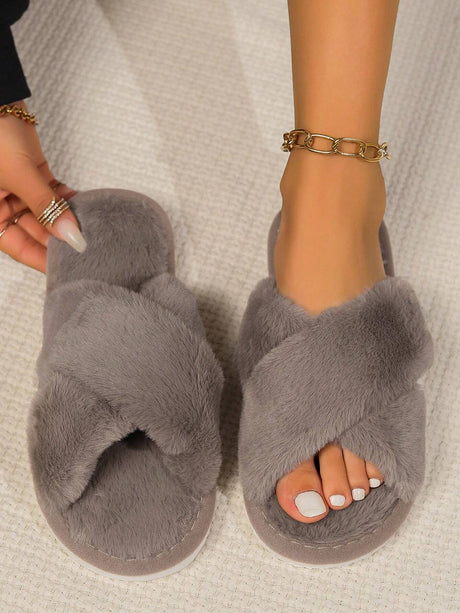 Women'S White Open Toe Cross Strap Fuzzy Slipper, Indoor Anti-Slip House Shoes, Fashionable