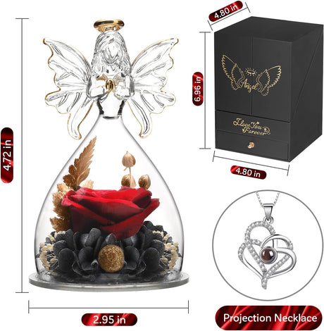 Valentines Day Gifts for Her-Preserved Flower Real Rose with I Love You Necklace 100 Languages-Glass Angel Valentines Decor-Birthday Gifts for Women-Romantic Gifts for Wife Girlfriend Mom Daughter