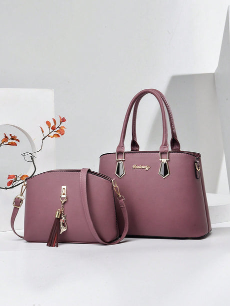 PLANEE Large Capacity 2-Piece Bag Set: Portable, Business Casual Tote & Crossbody Bags with Letter & Tassel Decor. Perfect for Work, School, College, Shopping, Commute, and Outdoor Activities. Lightweight, Stylish, and Functional for Women and Teen Girls.