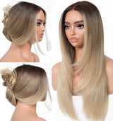 Brownbomb Wear and Go Layered Straight Synthetic Wig Glueless Pre Cut Lace Pre Plucked 26 Inch and Face Framing Bangs T Lace Perfect Middle Part Heat Resistant Fiber Realistic Wig for Daily Wear Parties Dating
