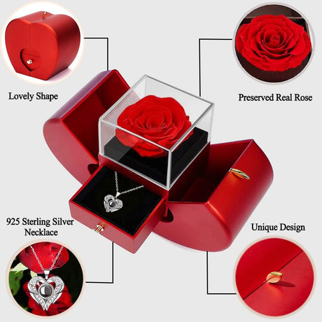 Preserved Real Rose with I Love You Necklace 100 Languages, Gifts for Girlfriend, Women, Mom, Wife, Gifts Idea on Christmas, Valentine'S Day, Mother'S Day, Birthday, Anniversary, Thanksgiving
