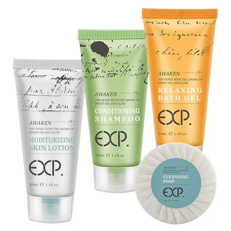 OPPEAL EXP Series| 200 PK 1 Oz Hotel Size Amenities Bulk | 50 Sets Each Contains Shampoo & Conditioner 2 in 1, Body Wash, Body Lotion and Soap Bar | Ideal Size for Hotel/Airbnb/Vrbo/Vacation Rental